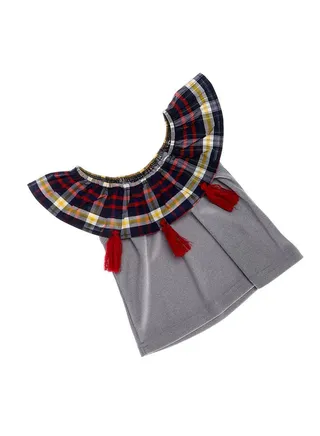 Plaids Ruffles Chest Grey, Navy Blue, Red & Yellow Girls Blouse 