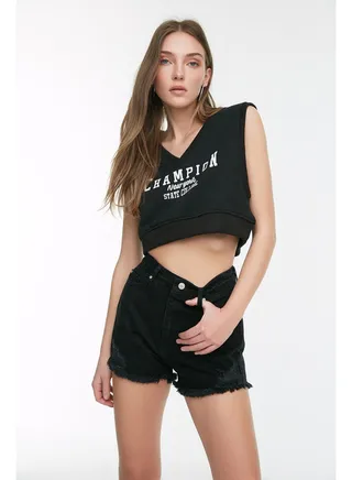 Black Ripped Mini Denim Shorts TWOSS22SR0566 