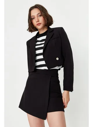 Black Double Breasted Woven Shorts Skirt TWOAW20SR0072 