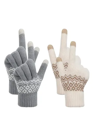 Women Winter Gloves, 2 Pairs Women’s Touch Screen Gloves, Stretch Knitted Warm Mitten Winter Thermal Ladies Gloves Smartphones Texting Gloves, One Size Fits Most, White and Grey 