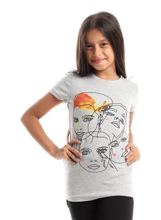 Intersecting Abstract Faces Prints Tee - Grey, Black & Orange 