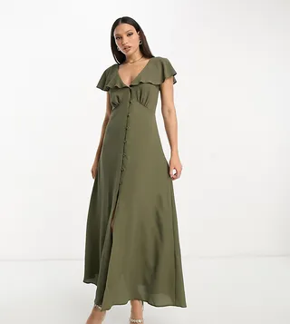 ASOS DESIGN Tall flutter sleeve midi tea dress with buttons in khaki