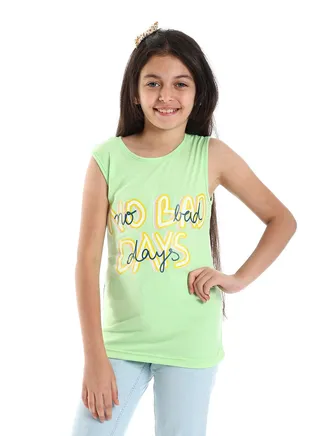 Printed Cotton Girls Tank Top - Mint 