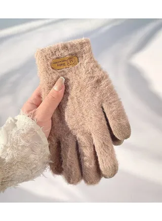 Women's Warm Winter Plush Thick Windproof Cartoon Cute Student Wool Gloves 
