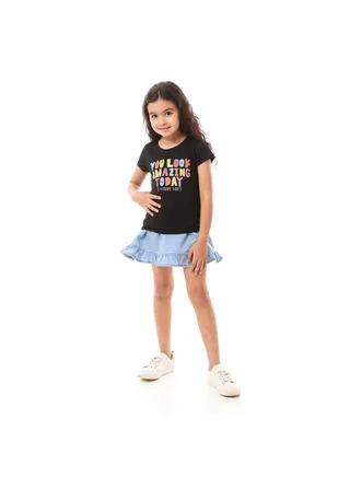 Girls Colorful Printed Cotton Tee - Black 