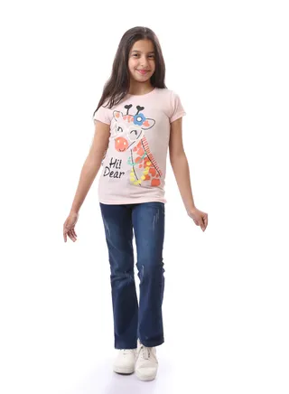 Girls Printed Giraffe Short Sleeves T-Shirt - Heather Rose 