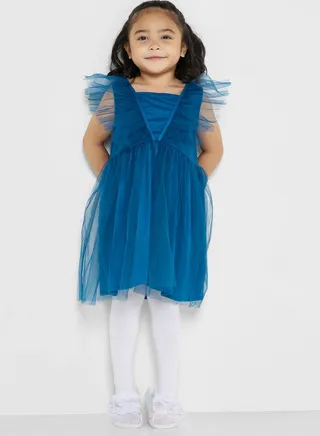 Net Dress With Ruffles On Sleeves 
