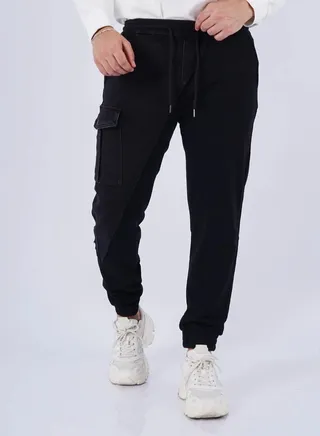 Men’s Drawstring Multi Pockets Cargo Pant in Black 