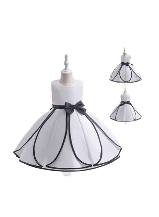 Girls Party Dress Solid Color Birthday Dress Performance Round Neck Sleeveless Adorable Dress 