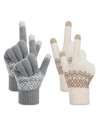 Women Winter Gloves, 2 Pairs Women’s Touch Screen Gloves, Stretch Knitted Warm Mitten Winter Thermal Ladies Gloves Smartphones Texting Gloves, One Size Fits Most, White and Grey 