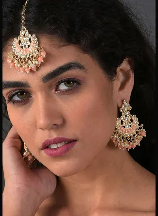 Gold Plated Pearls Earrings and Maang Tikka Set