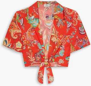May cropped tie-front printed crepe top