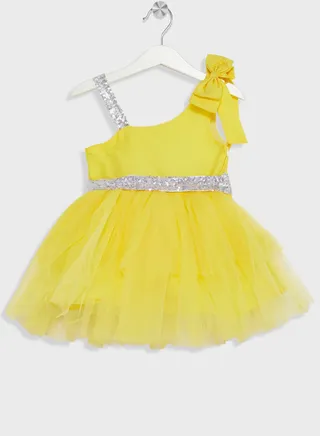 Girls One Shoulder Bow Tie Tulle Evening Dress 