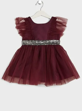Girls Embellished Evening Wear Dress With Ruffle Sleeve 