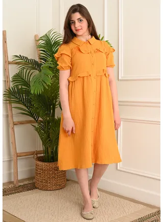 Girls' Dress with text sleeves with  elegant design,Orange 