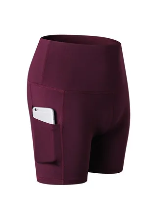 Stretchable High Waist Yoga Short Pants Burgundy 