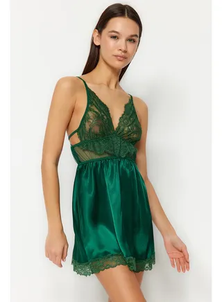 Green Satin Lace Detailed Babydoll THMSS22LL0001 