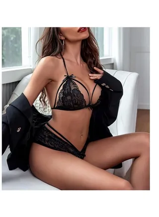 طقم ملابس داخلية مثيرة من الدانتيل للنساء من هانادي، طقم لانجيري بيبي دول دانتيل مكون من قطعتين، بيكيني شفاف بثلاث نقاط، حمالة صدر وسروال داخلي 