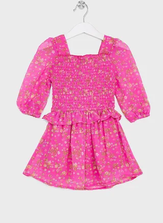 Girls Smocking Floral Printed Dress 