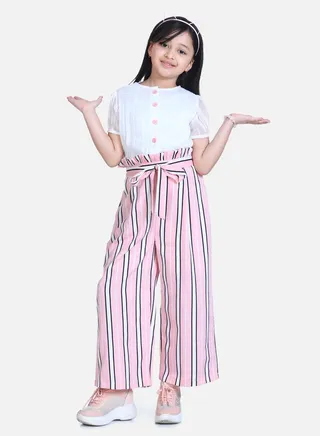 Lurex Button Detail Top and Paperbag Waist Wide Leg Pant Set 