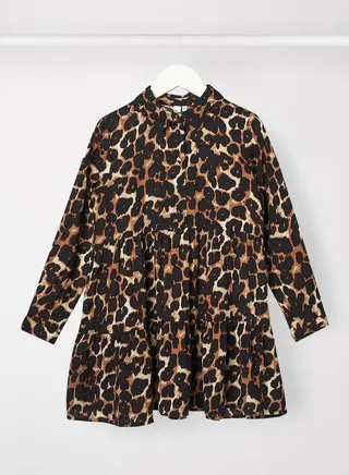 Kids/Teen Animal Print Button Dress Brown 