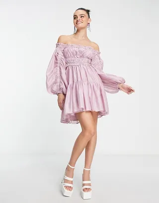 ASOS DESIGN off-shoulder mini dress with ruched paneled detail in washed lilac