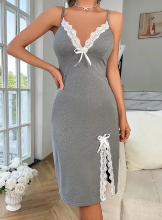 Soft women's lingerie, made of cotton, medium length - open on one side, decorated with bows 