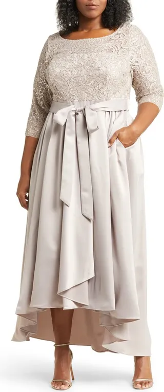 Sequin Lace Belted Satin Dress