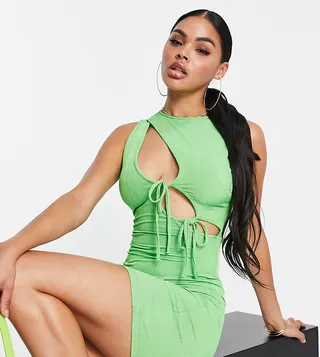 ASYOU cut out tie detail plisse mini dress in green