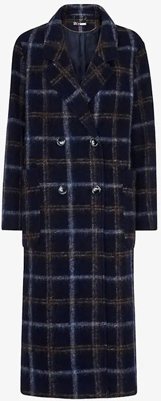 Womens Navy Double-breasted Check Wool-blend Coat