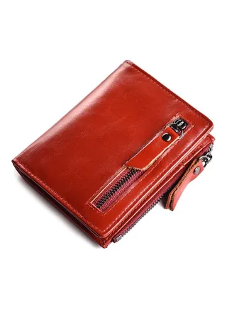 Retro Anti Magnetic Head Layer Leather Zero Purse Wallet Zipper Red 