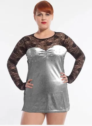 Leather lingerie dress with lace sleeves and capes 