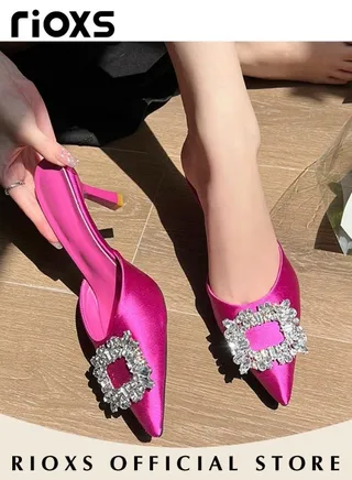 Women's Closed Pointed Toe Slip-On Backless Rhinestones Sandals Stiletto Slides Shoes For Work And Party 