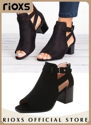 Women's Suede Chunky Heel Buckle Sandals Round Toe Peep Toe Fashion Sandals 