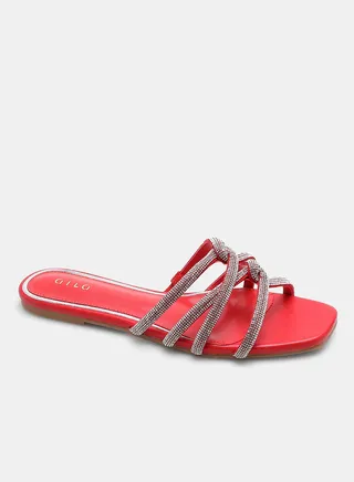 Stone Embellished Strap Flat Sandals Red/Silver 