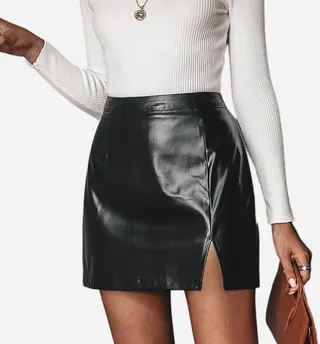 Women's Faux Leather Slit Mini Skirt - Cupshe - Black-XL