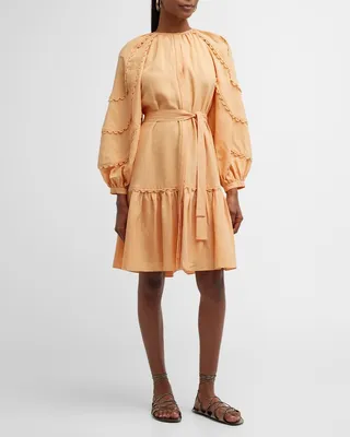 Meadow Lace-Trim Blouson-Sleeve Midi Dress