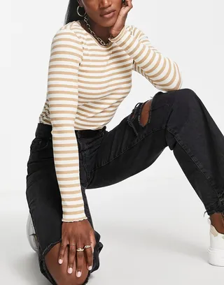 Selected Femme cotton stripe ribbed long sleeved top in sand - TAN