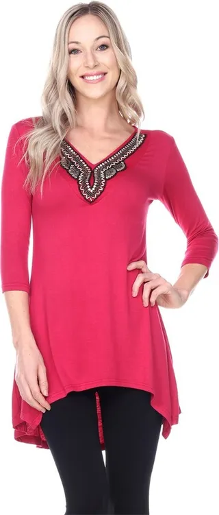 Women's Embellished V-Neck Tonya Top Tunic Brick Red Small - White Mark
