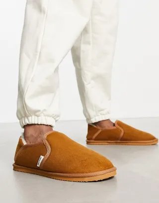 Jack & Jones shearling lined faux suede slipper in camel