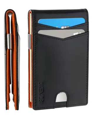 Slim Wallets for Men with Money Clip RFID Blocking Bifold Black Orange 
