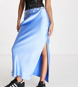 COLLUSION chain belted satin slip midi skirt in blue