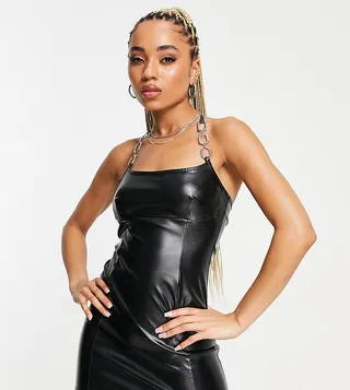 ASYOU PU chain strap mini dress in black