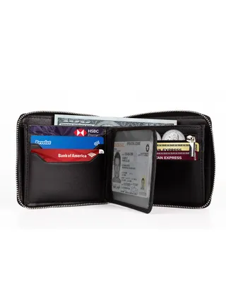 Zipper Wallet for Men Genuine Leather Bifold  Multi Card Holder Rfid Protected Black 