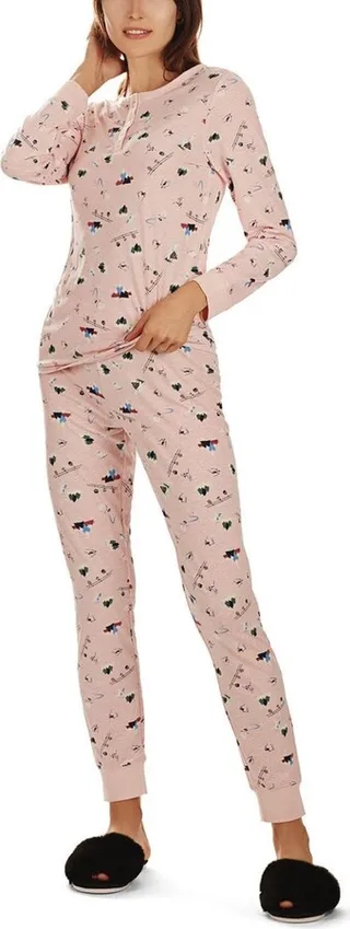 MeMoi Women's Ski Chalet Pattern Long Sleeve Tapered Bottom 2 Piece Pajama Set