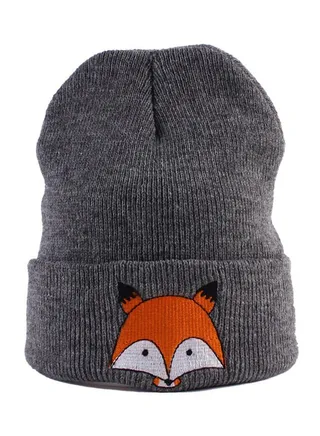 Cute Fox Pattern Warm Beanie Dark Grey 