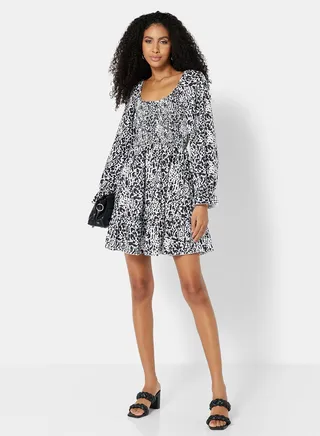 Shirred Animal Print Dress White/Black 