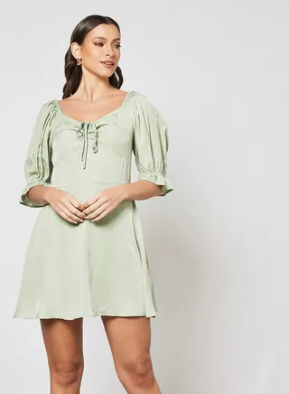 Puff Sleeve Mini Dress Green 