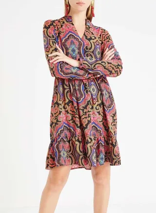Retro Print Ruffle Hem Dress Black/Pink 