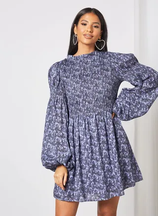 Floral Print Mini Dress Purple 